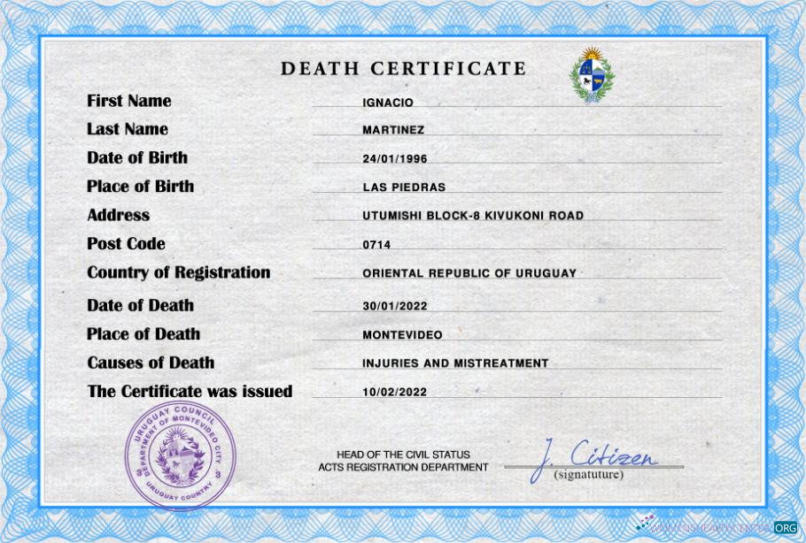 Download Uruguay death certificate Photoshop template